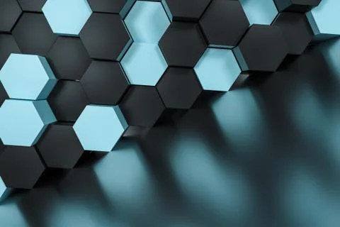 3d rendering, black and cyan hexagon cubes. Foto stock