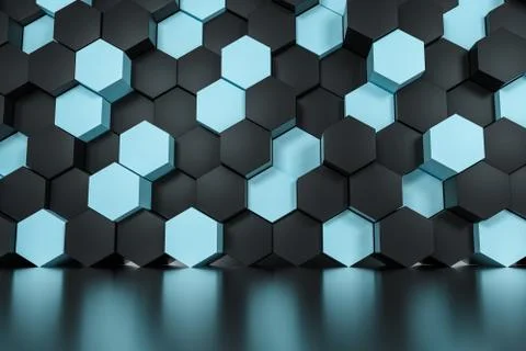 3d rendering, black and cyan hexagon cubes. Foto stock