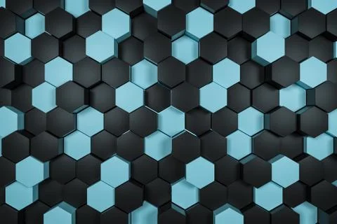 3d rendering, black and cyan hexagon cubes. Foto stock