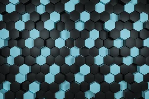 3d rendering, black and cyan hexagon cubes. Foto stock