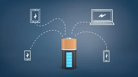 3d rendering of a black and orange fully charged battery stands connected by イラスト素材