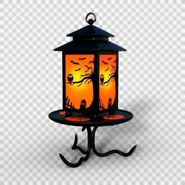 3D rendering of a black and orange Halloween lantern on a black metal table i Stock Illustration