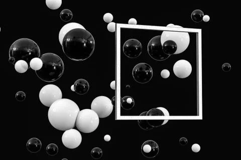 3d rendering, black and white balls with frame in the middle. Stock Illustration