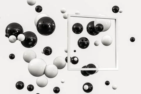 3d rendering, black and white balls with frame in the middle. Illustrazione stock