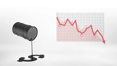 3d rendering of a black barrel leaking oil and making a USD sign on the floor Stock Illustration