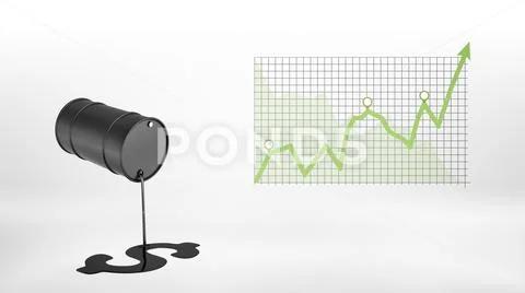 3d rendering of a black barrel leaking oil to make a USD sign hanging beside a Stock Illustration