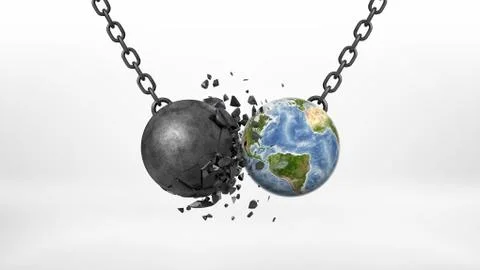 3d rendering of a black broken wrecking ball hitting an Earth globe on a black Stock Illustration
