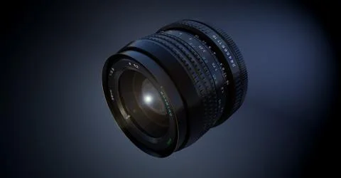 3D rendering of black camera lens on dark background Stock Illustration
