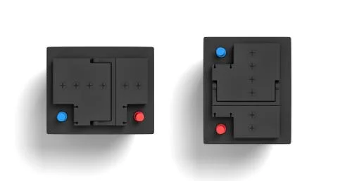 3d rendering of black car battery with colorful terminals in top view. Illustrazione stock