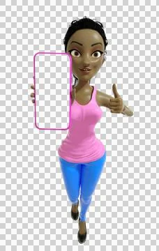3D rendering of black cartoon lady character holding and showing smartphone Stock Illustration