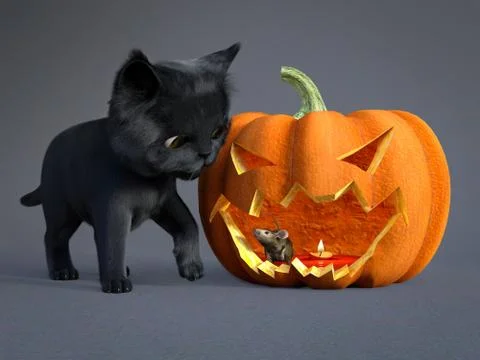 3D rendering of a black cat, mouse and a pumpkin. Stock Illustration