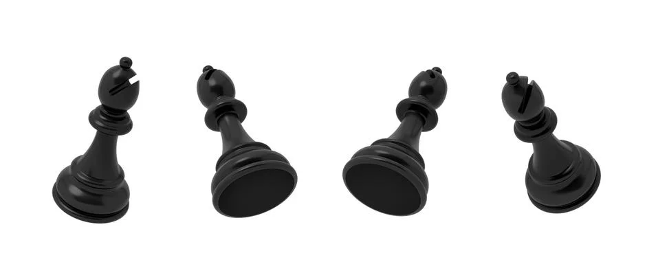 3d rendering of a black chess bishop piece in four different angled views on a Stock Illustration