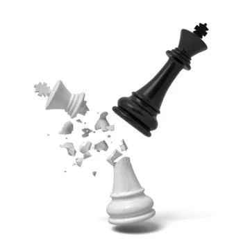 3d rendering of a black chess king breaks a white king that cracks and falls on Stock Illustration