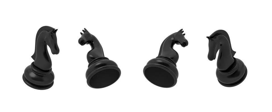 3d rendering of a black chess knight piece in four different angled views on a Stock Illustration