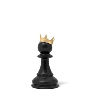 3d rendering of a black chess pawn piece with a golden crown sitting on top of Stock Illustration