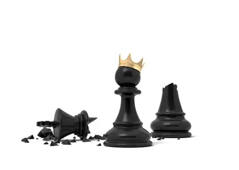 3d rendering of a black chess pawn wearing a gold crown and standing near a Stock Illustration