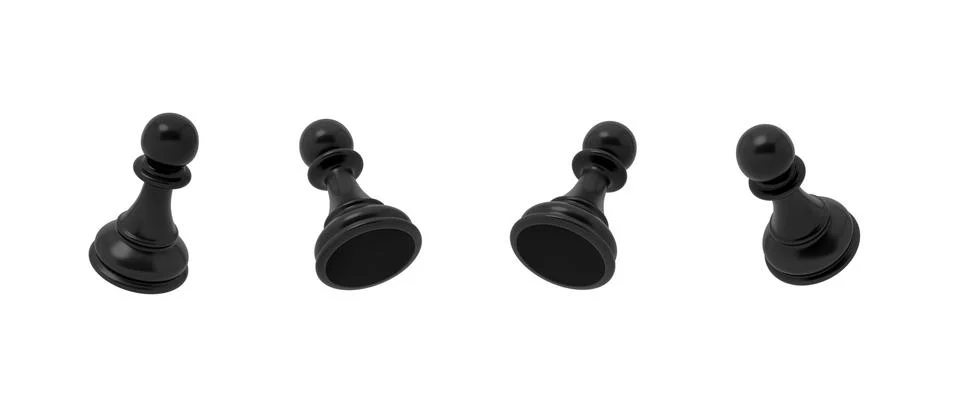 3d rendering of a black chess pawn piece in four different angled views on a Stock Illustration