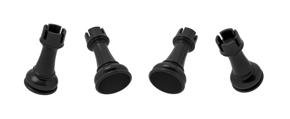 3d rendering of a black chess rook piece in four different angled views on a Stock Illustration