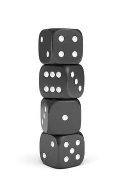 3d rendering of black dice with white pips standing vertically on a white Stock Illustration