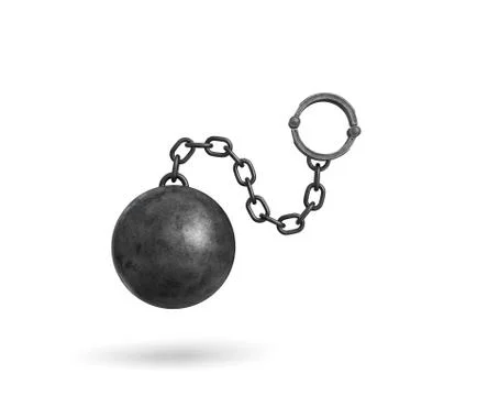 3d rendering of a black iron ball and chain with a cuff hanging on white Stock Illustration
