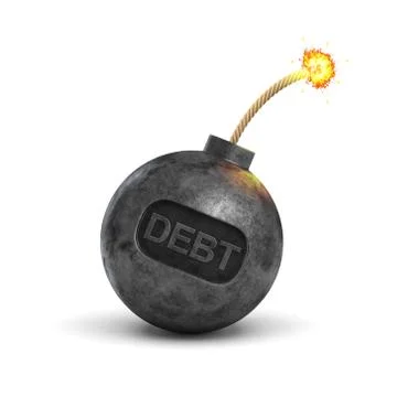 3d rendering of a black iron bomb with a lit fuse and a writing DEBT on its Stock Illustration