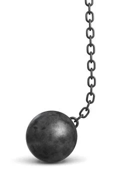 3d rendering of a black iron wrecking ball lying on the floor still attached to Illustration