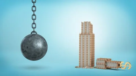 3d rendering of a black iron wrecking ball hanging beside a broken office Stock Illustration