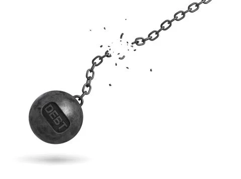 3d rendering of a black iron wrecking ball with a writing DEBT on it swings on a Stock Illustration