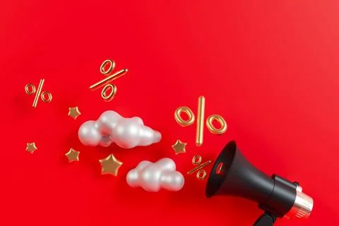 3D rendering of black megaphone with golden percent signs, stars and silver.. Stock Photos