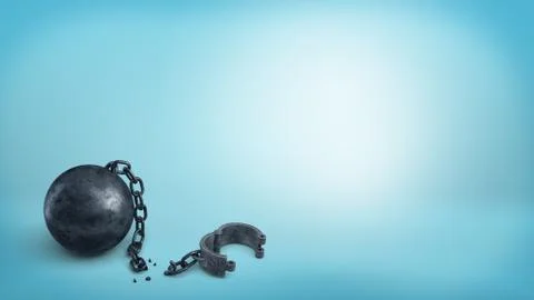 3d rendering of a black metal iron ball disconnected from a leg cuff by a broken Stock Illustration