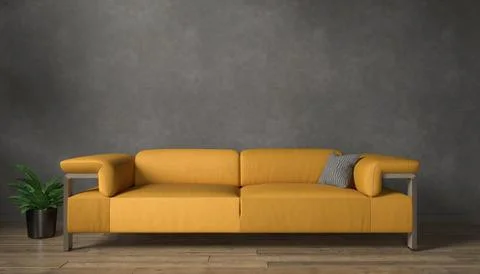 3d rendering of a black mock up wall with orange sofa. Stock Illustration