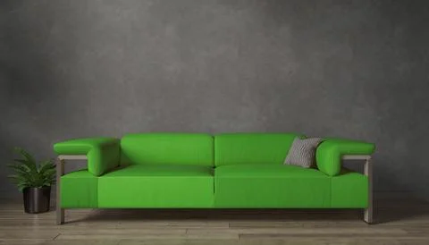 3d rendering of a black mock up wall with green sofa. Ilustración de archivo