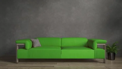 3d rendering of a black mock up wall with green sofa. Ilustración de archivo