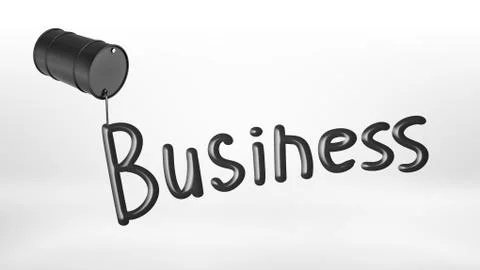 3d rendering of a black overturned barrel leaking oil to make a word Business on Stock Illustration