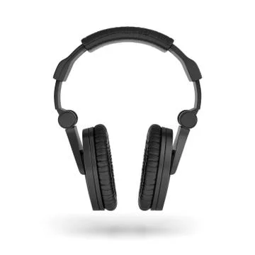 3d rendering of black padded headphones with a headband hanging on white Stock Illustration