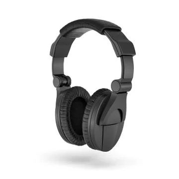 3d rendering of black padded headphones with a headband hanging on white Stock-Illustration