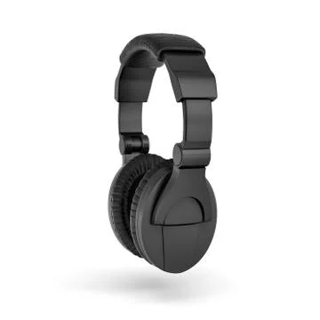 3d rendering of black padded headphones with a headband hanging on white Stock Illustration