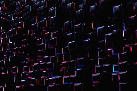 3D rendering. Black  pattern of cubes of different shapes under  pink neon li Stock Illustration