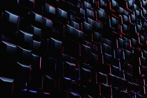 3D rendering. Black  pattern of cubes of different shapes under neon lights.  Stock Illustration