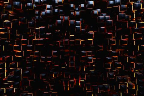 3D rendering. Black  pattern of cubes of different shapes under  orange neon  Stock Illustration