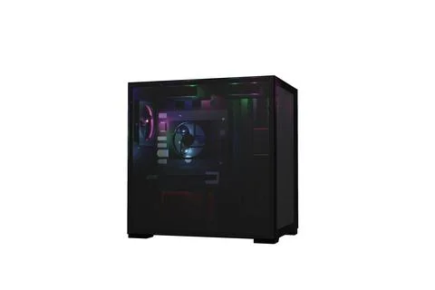 3D rendering of a black PC case with colorful lights isolated on white backgroun Stock Illustration