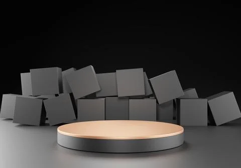 3d rendering of black pedestal stand podium on black background, round geom.. Stock Photos