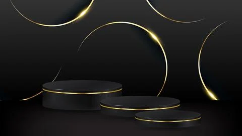 3D rendering black podium geometry with gold elements. Product presentation.. Stock Illustration