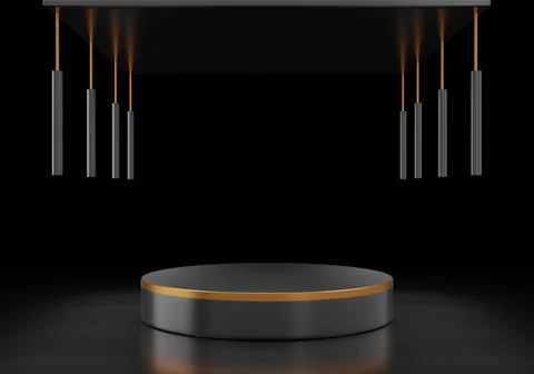 3d rendering of black premium, pedestal podium with a gold ring on black ba.. Foto stock