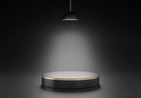 3d rendering of black premium, pedestal podium with a gold ring on black ba.. Foto stock
