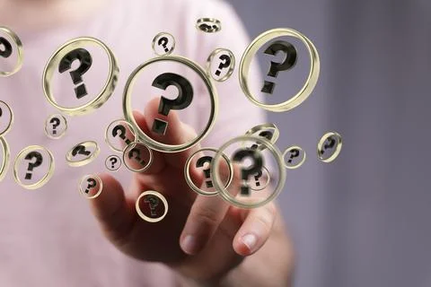A 3d rendering of black question marks in beige circular frames with a hand b Stock Photos
