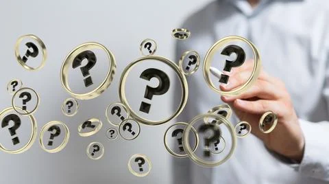 A 3d rendering of black question marks in beige circles touched by a pen in a Stock Photos