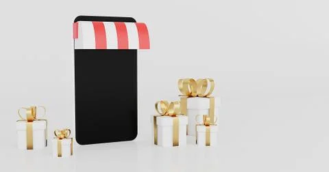 3D rendering of black smartphone screen and red white gift box golden ribbon. Illustrazione stock