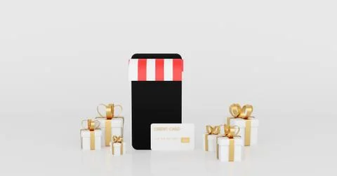 3D rendering of black smartphone screen and white gift box golden ribbon. Ilustração Stock