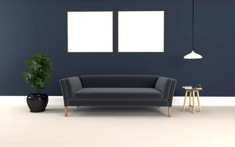 A 3D rendering of a black sofa with a small round table and a houseplant in a Stock Illustration